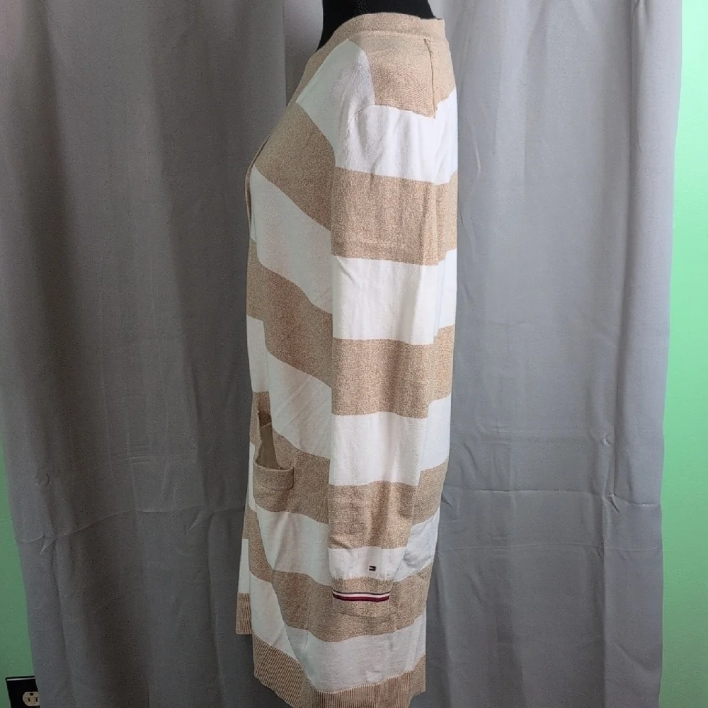 Tommy Hilfiger Striped Tan and White Long Cardigan Dress.‎ Medium. EUC